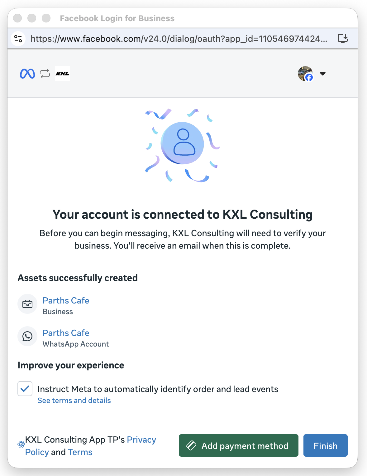 Success screen confirming the account is connected, listing the created Business and WhatsApp Account assets, with a Finish button.