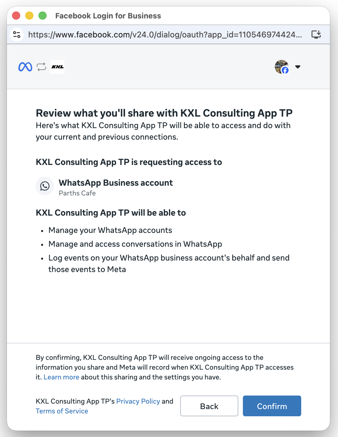 Review screen summarizing the WhatsApp Business account access and permissions being granted to the partner app.