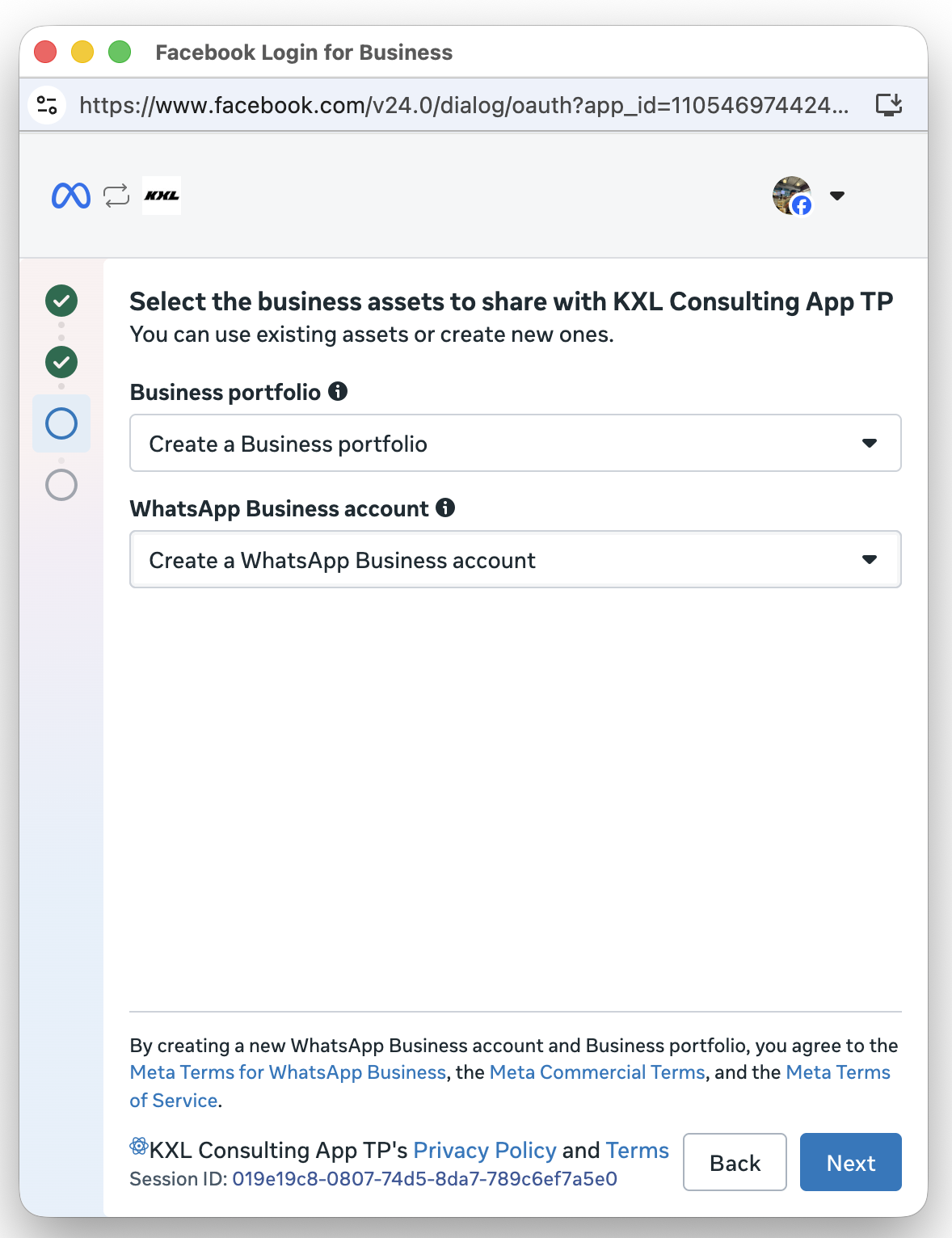 Select the business assets screen with dropdowns to choose or create a Business portfolio and a WhatsApp Business account.