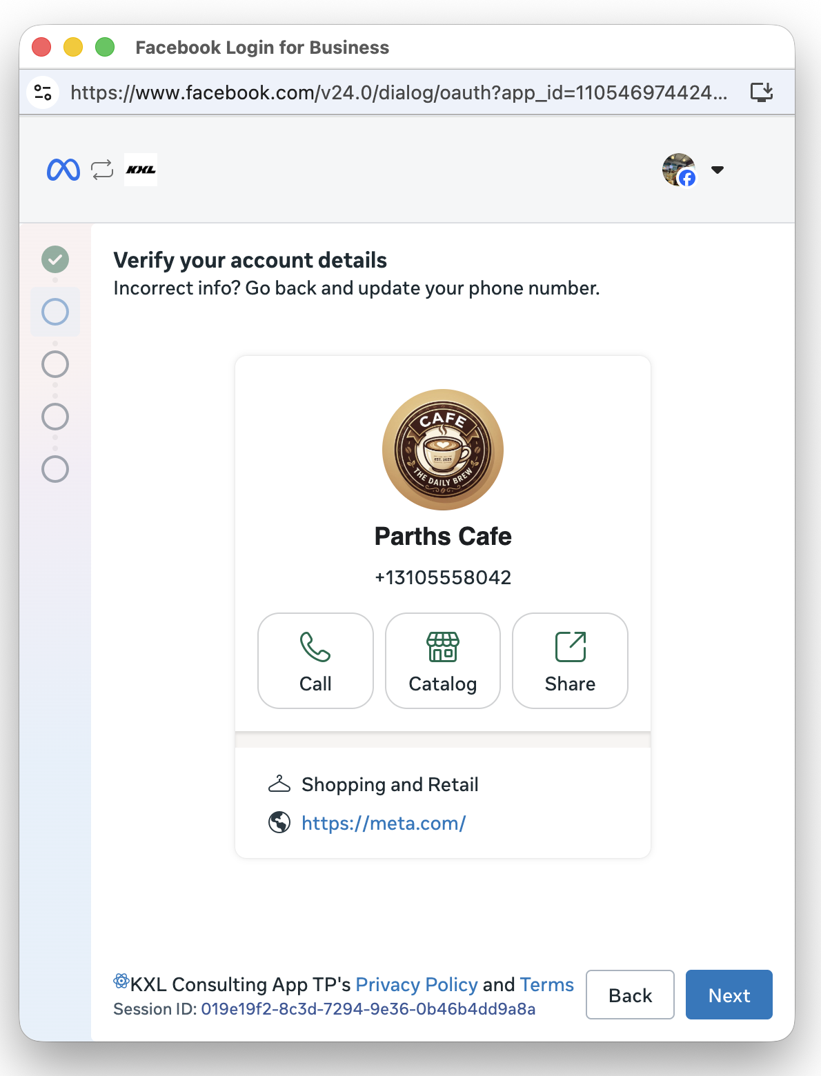 Verify your account details screen showing the WhatsApp Business app profile picture, name, phone number, category, and website.
